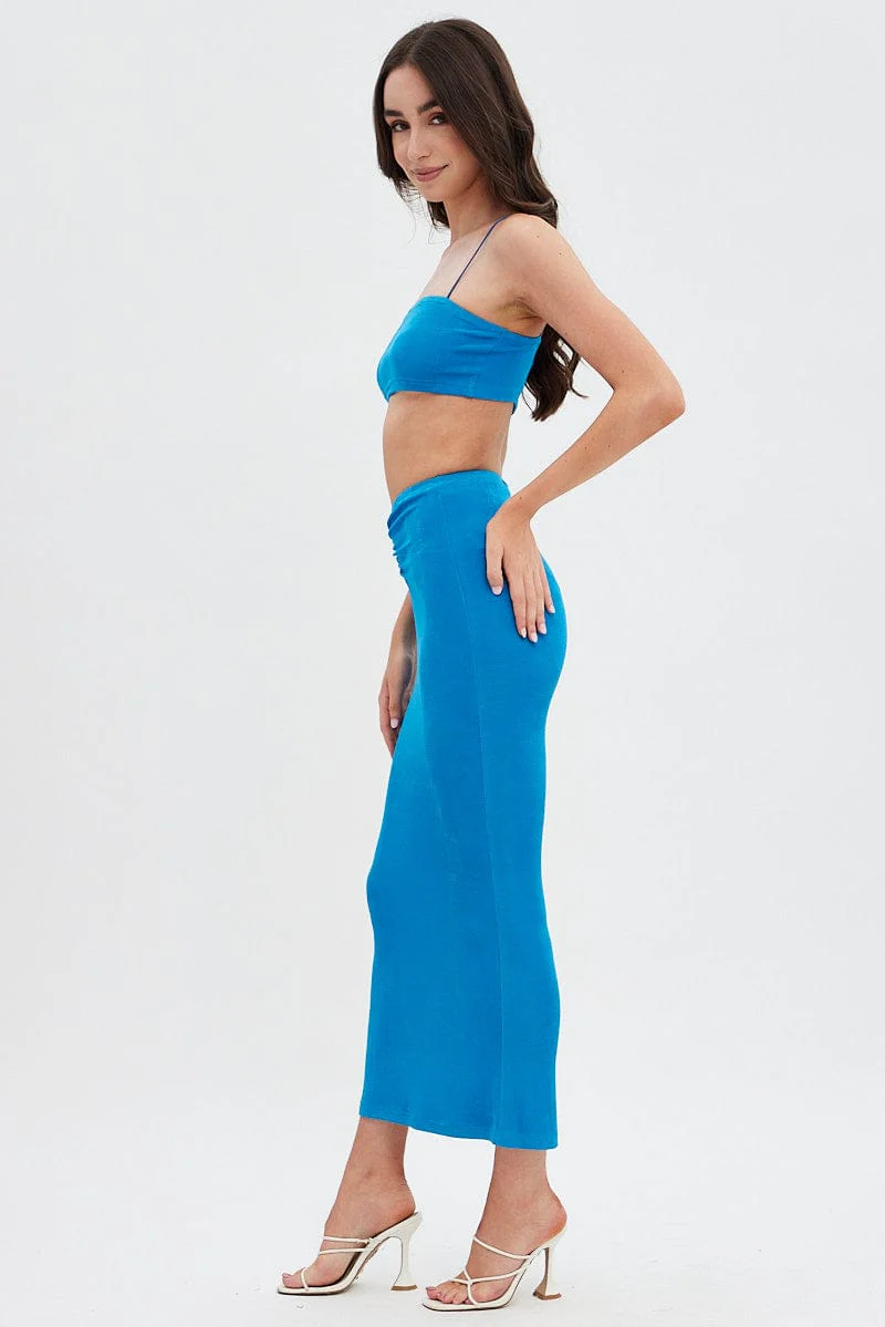 Blue Ruched Midi Skirt - Image 4