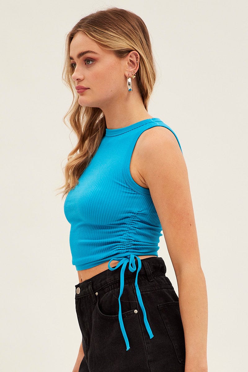 Blue Ruched Tank Top Crew Neck Seamless - Image 4