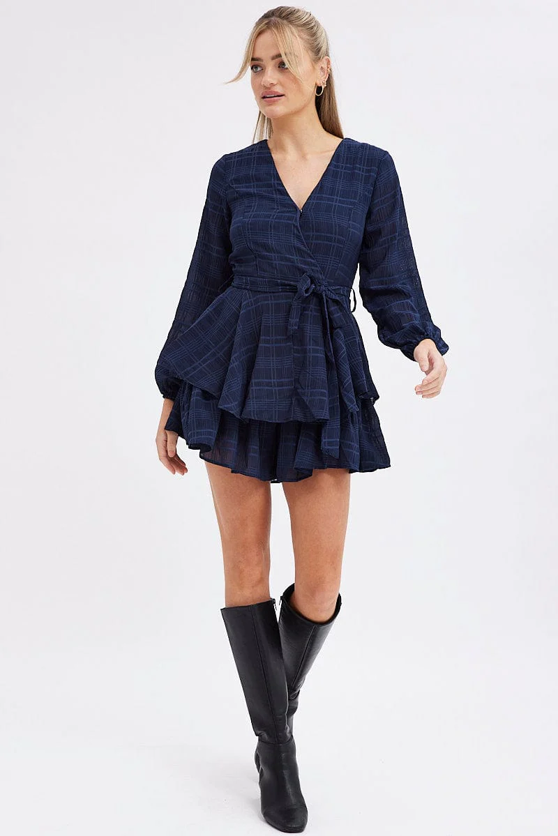Blue Ruffle Playsuit Long Sleeve Wrap Front - Image 2