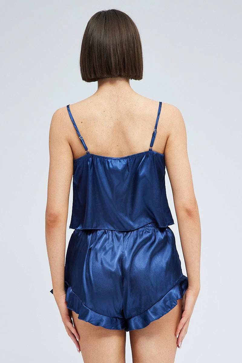 Blue Satin Cami And Ruffle Shorts Pyjama Set - Image 5
