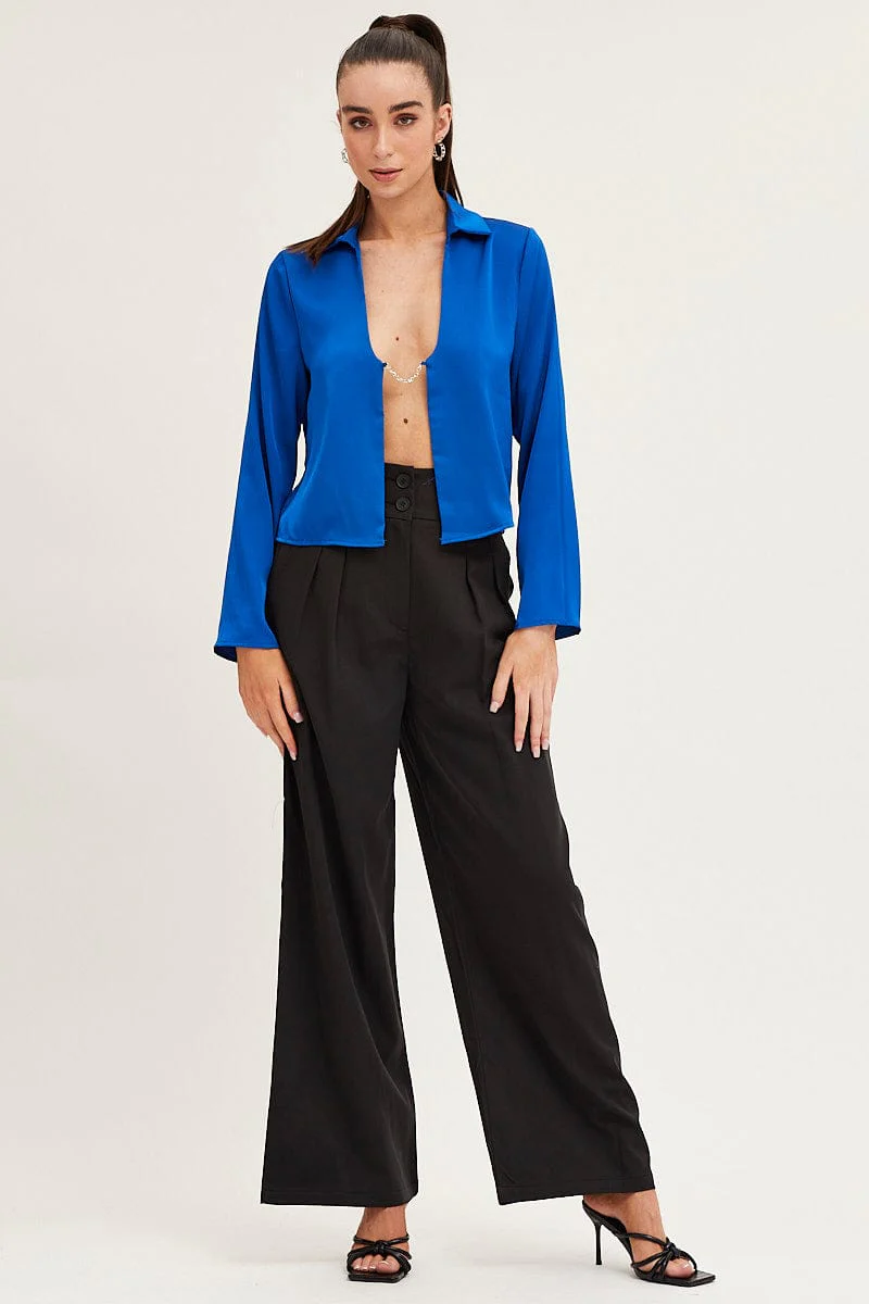 Blue Satin Long Sleeve Collared Chain-Link Front Jacket - Image 2