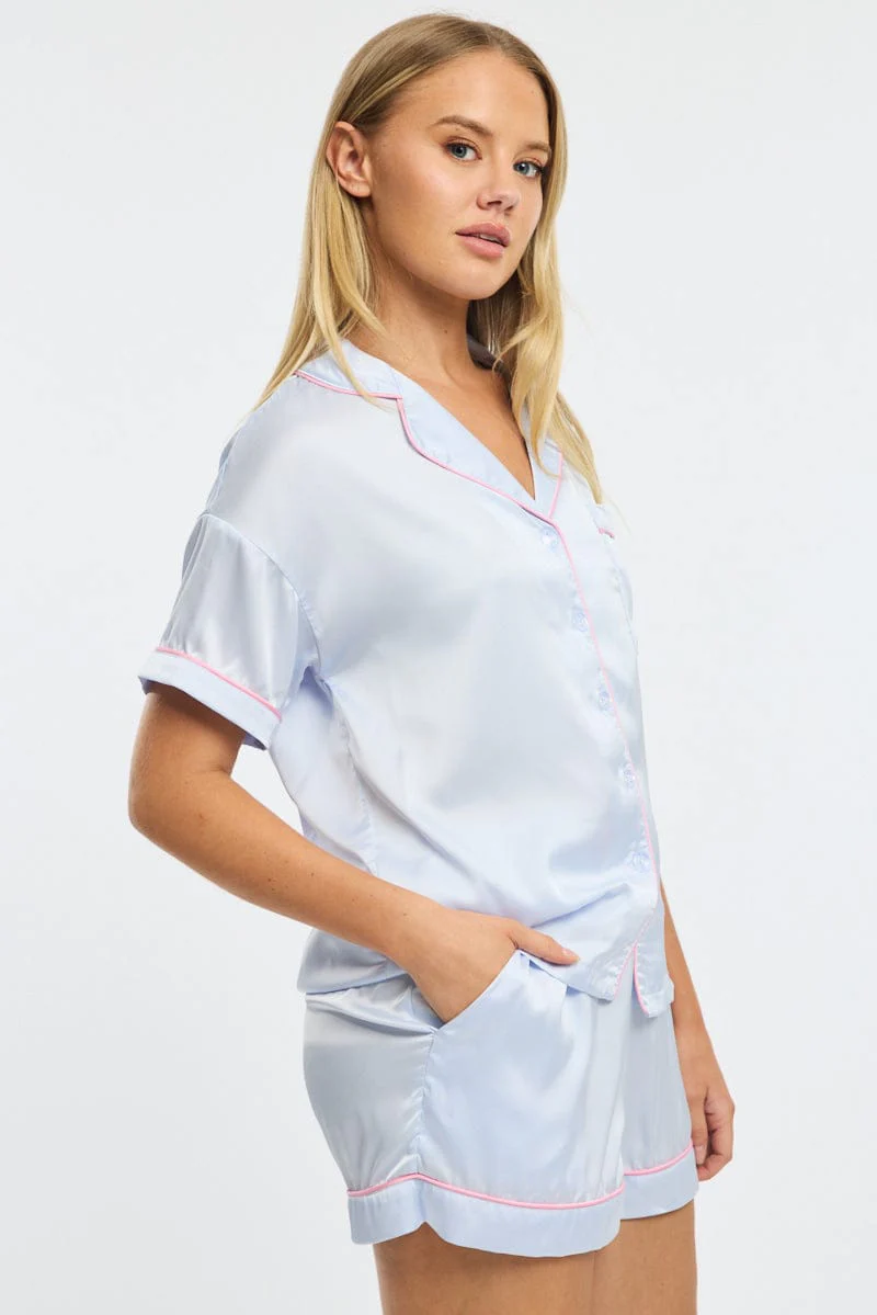 Blue Satin Pyjamas Set Short Sleeve - Image 3