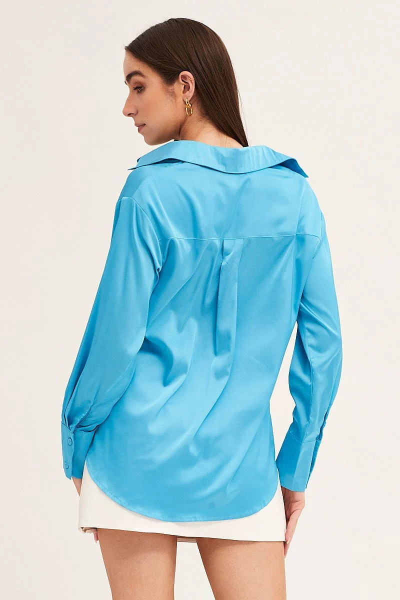 Blue Satin Shirt Long Sleeve Collared Longline - Image 6