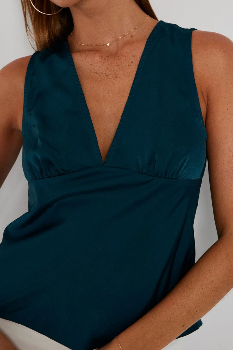 Blue Satin V Neck Top Sleeveless - Image 4
