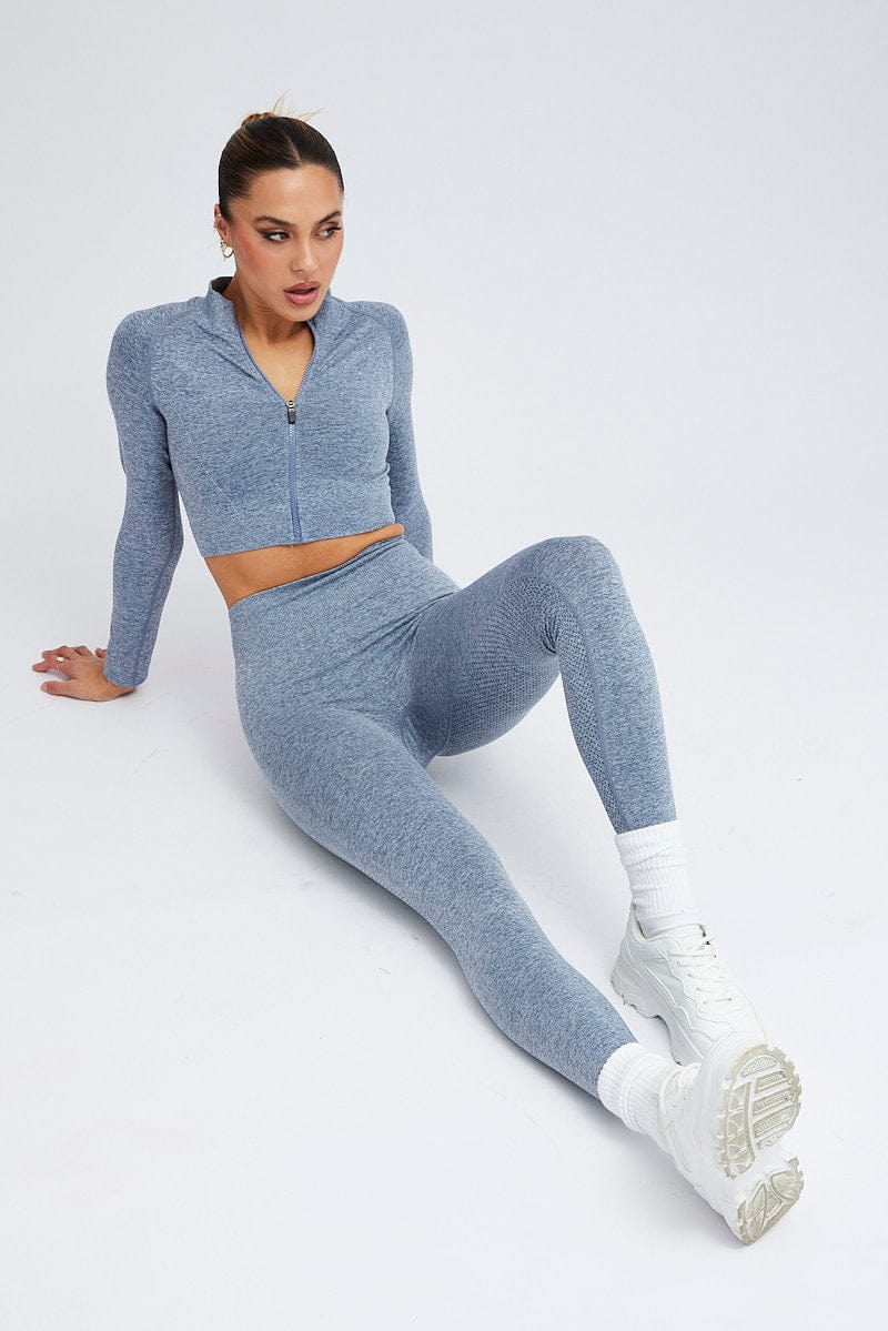 Blue Seamless Zip Up Top and Leggings Activewear Set - Image 2