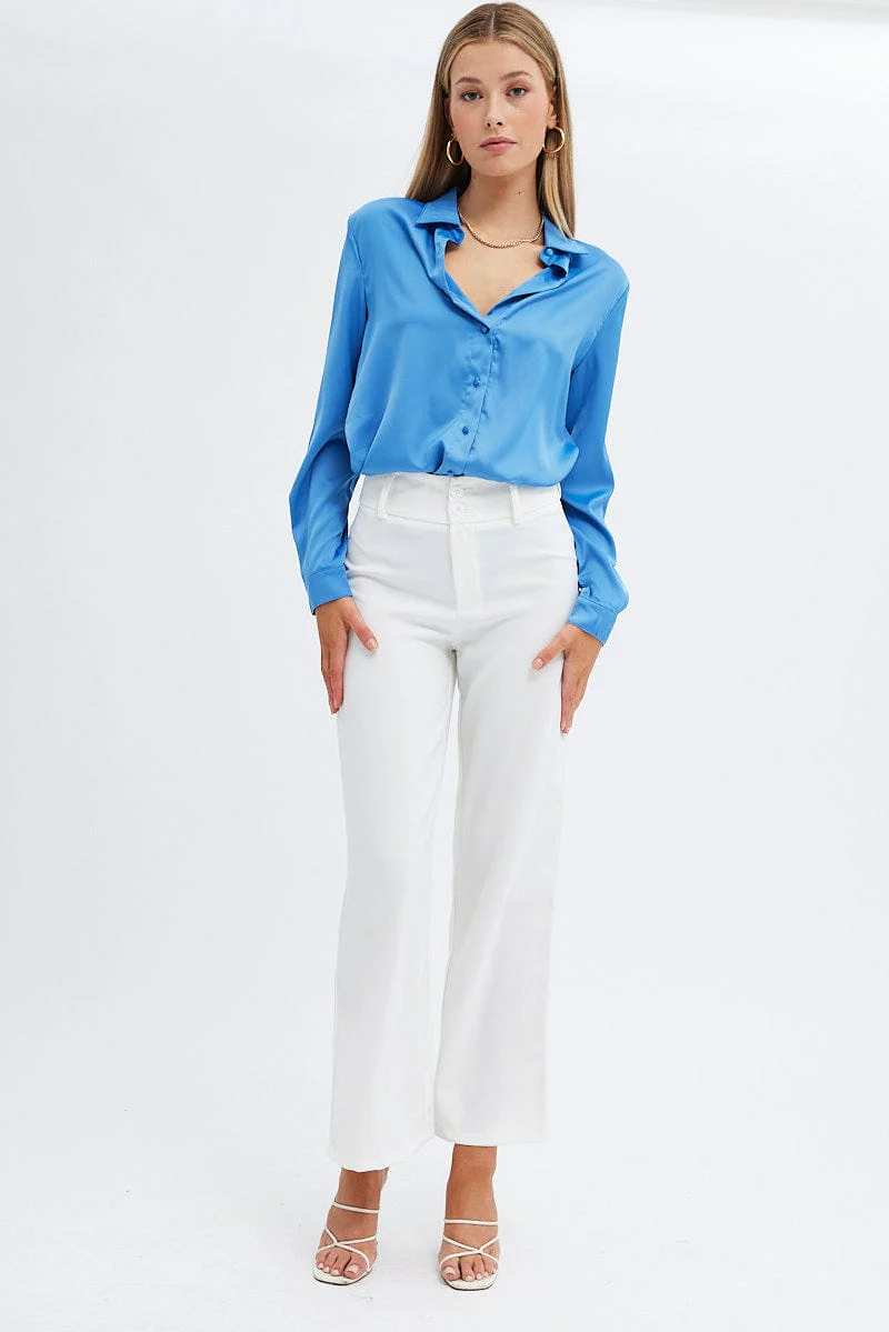 Blue Shirt Long Sleeve Collared Longline Matte Satin - Image 2