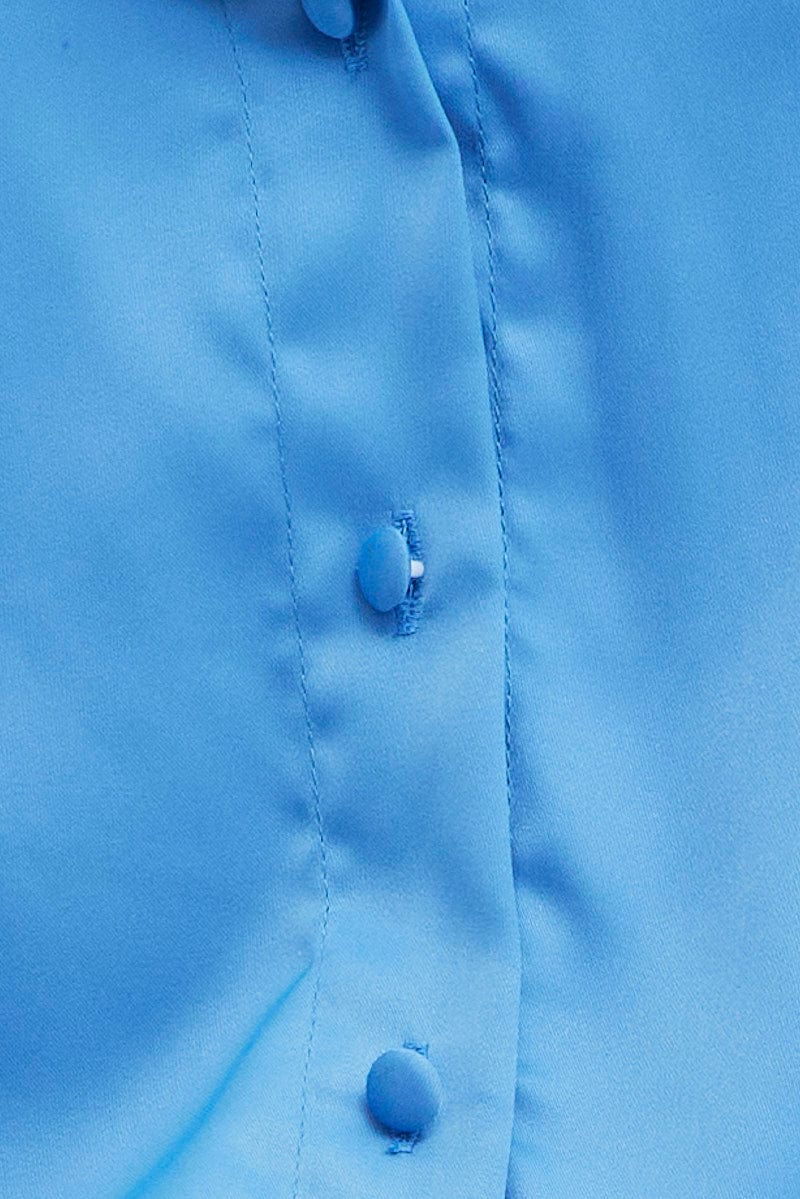 Blue Shirt Long Sleeve Collared Longline Matte Satin - Image 6