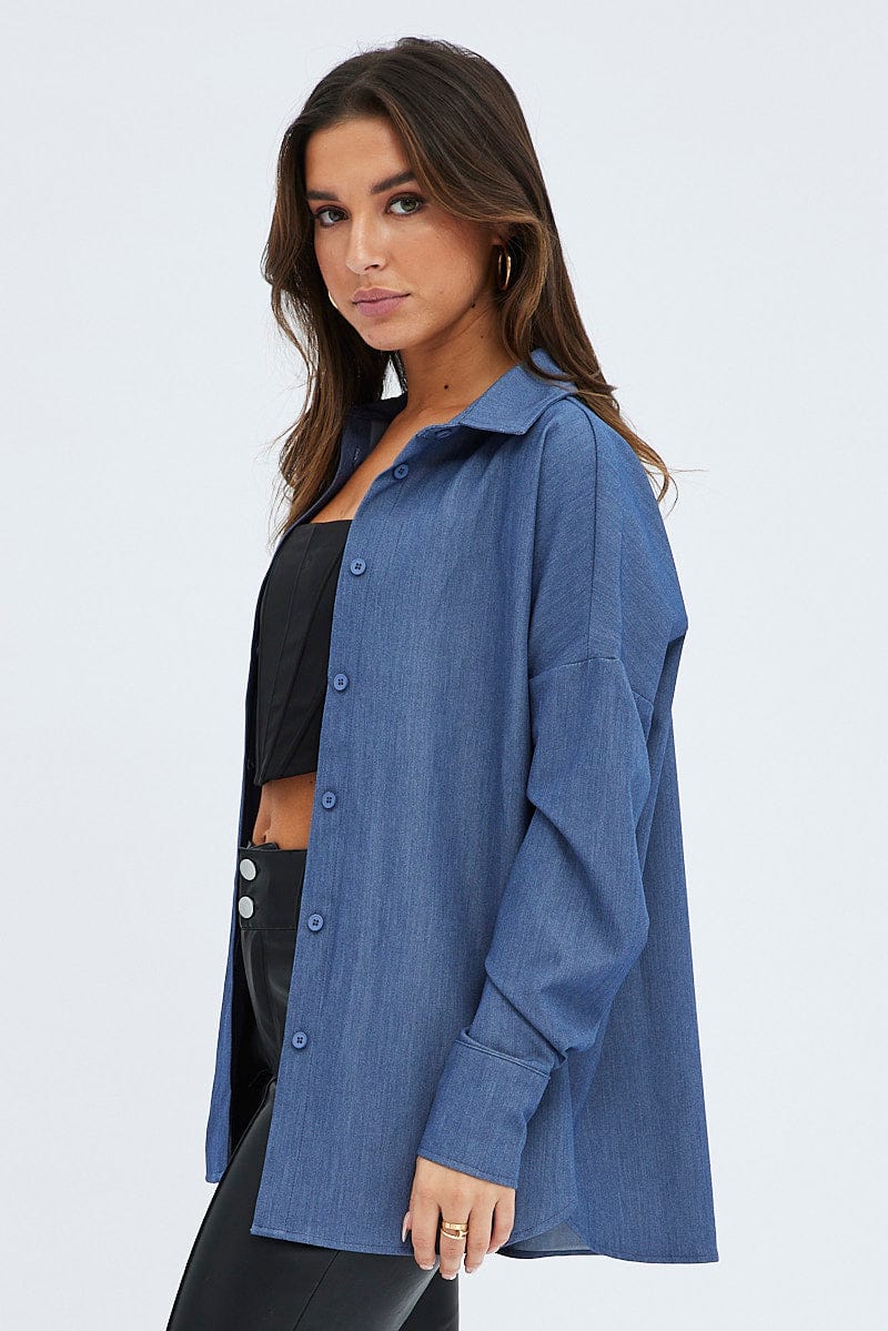 Blue Shirt Long Sleeve Collared Oversized Button Up - Image 4