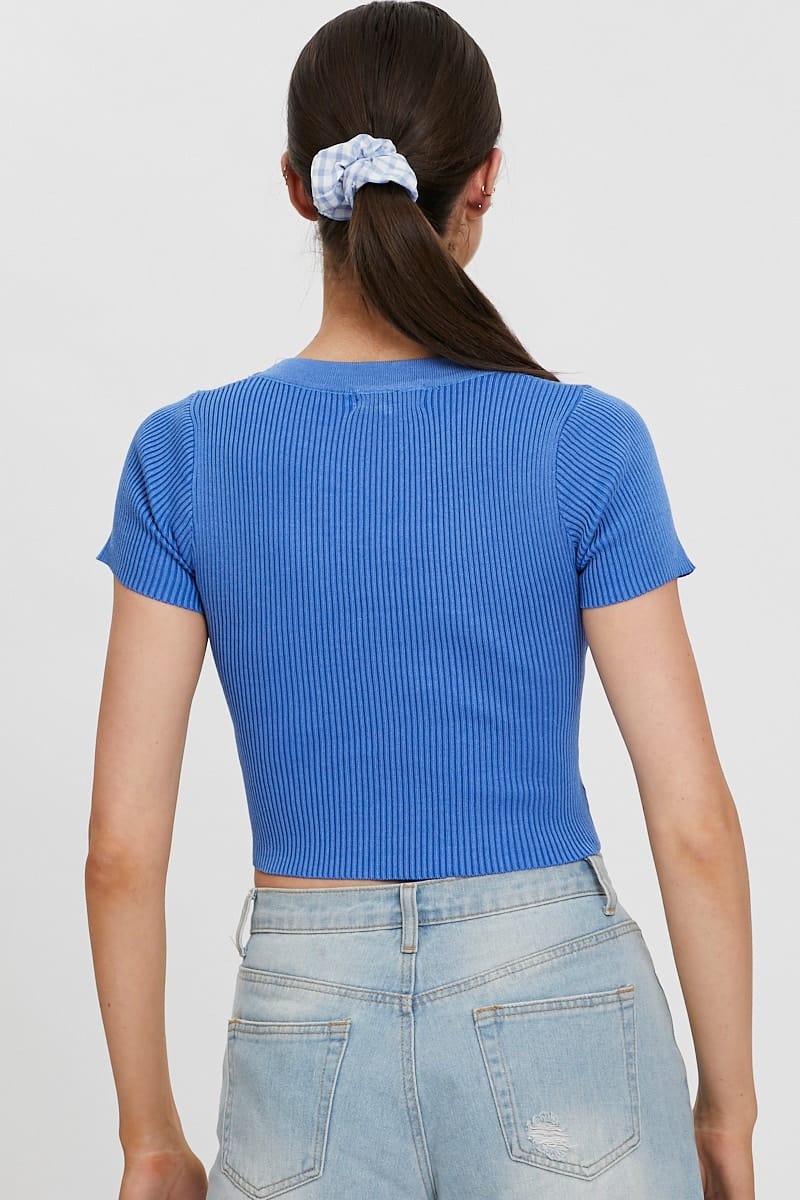 Blue Short Sleeve Knit Top - Image 3