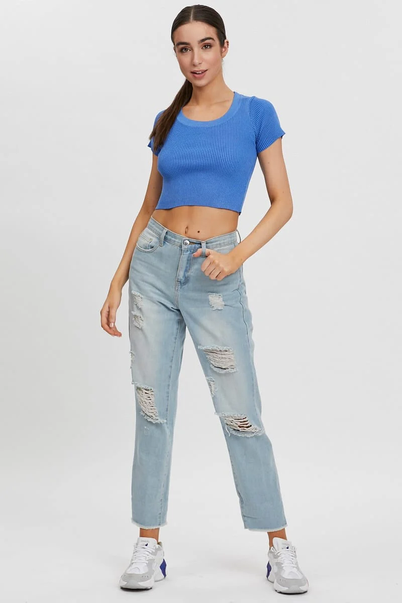 Blue Short Sleeve Knit Top - Image 5