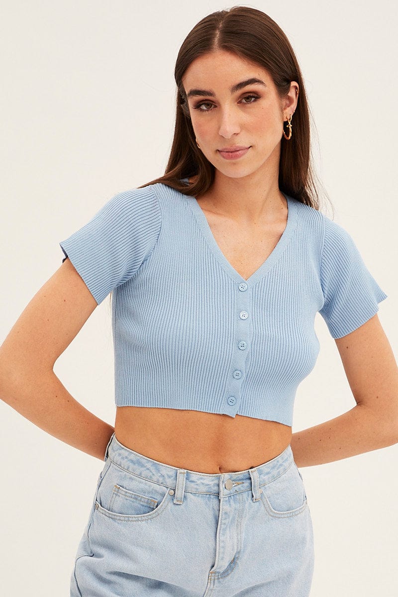 Blue Short Sleeve Rib Cardigan - Image 3