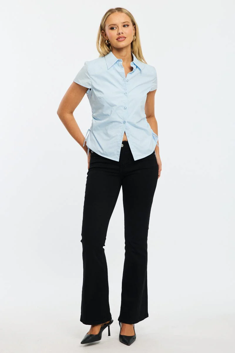 Blue Short Sleeve Shirt Collared Side Ruched Button Up - Image 2