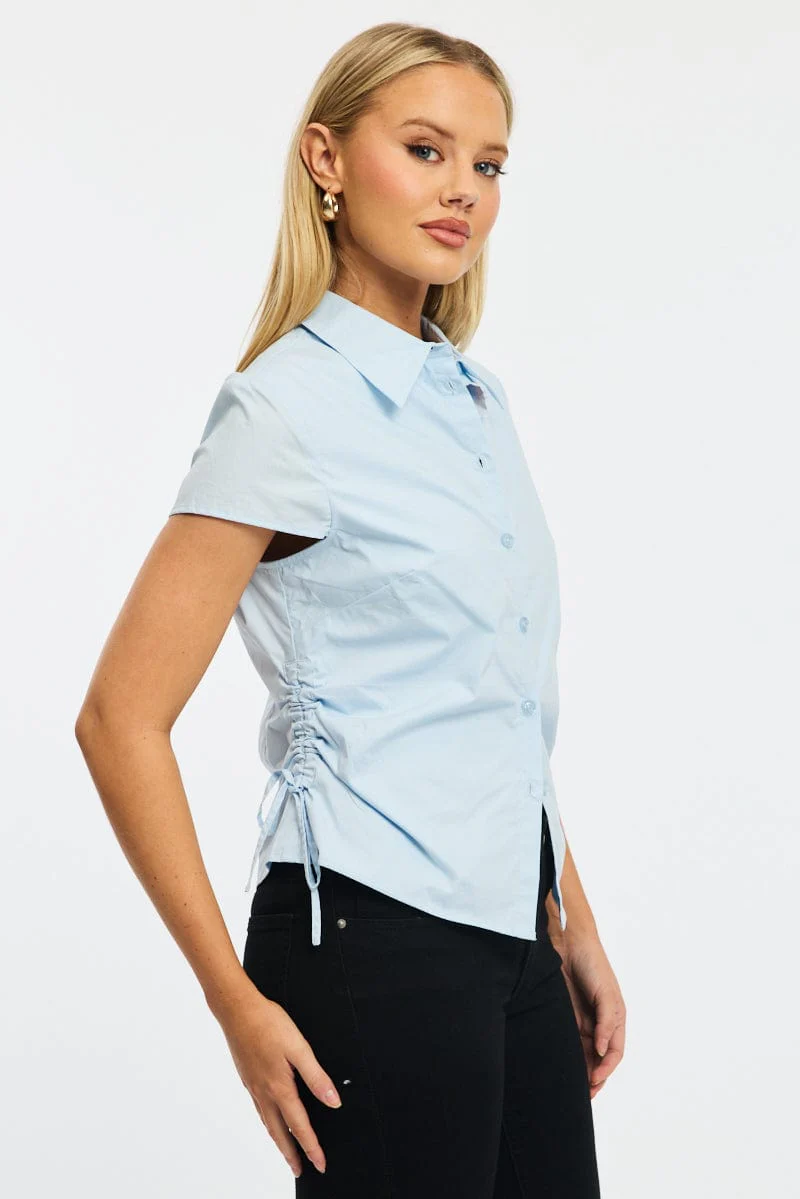 Blue Short Sleeve Shirt Collared Side Ruched Button Up - Image 3