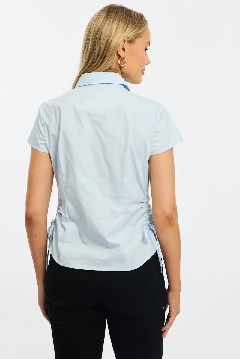 Blue Short Sleeve Shirt Collared Side Ruched Button Up - Image 4