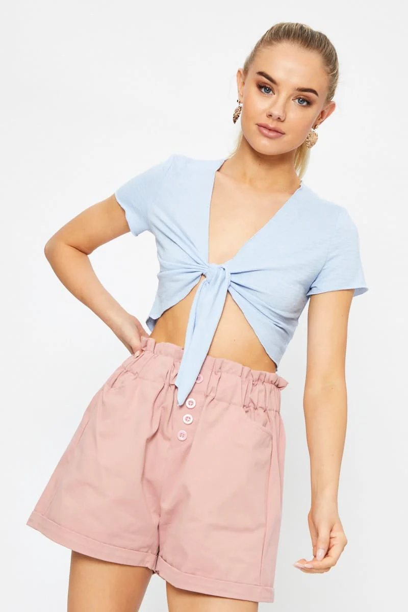 Blue Short Sleeve Textured Jersey Knot Front Crop Top - Image 2