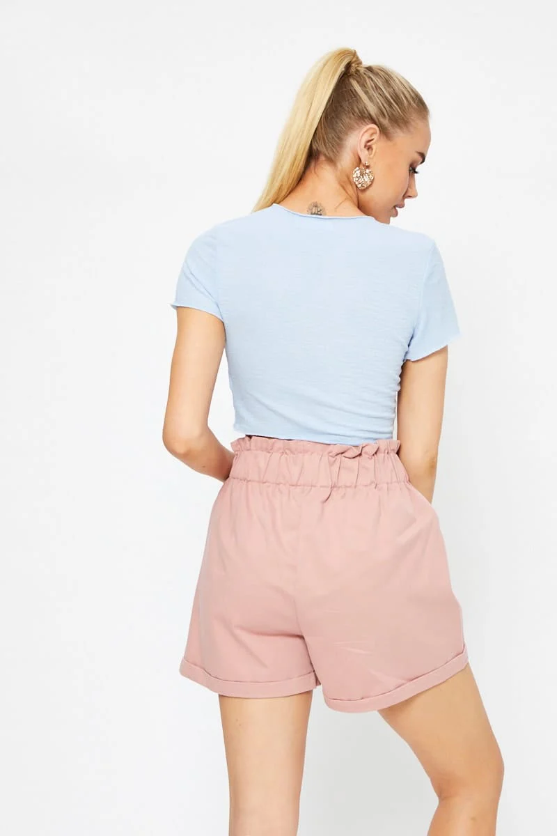 Blue Short Sleeve Textured Jersey Knot Front Crop Top - Image 9
