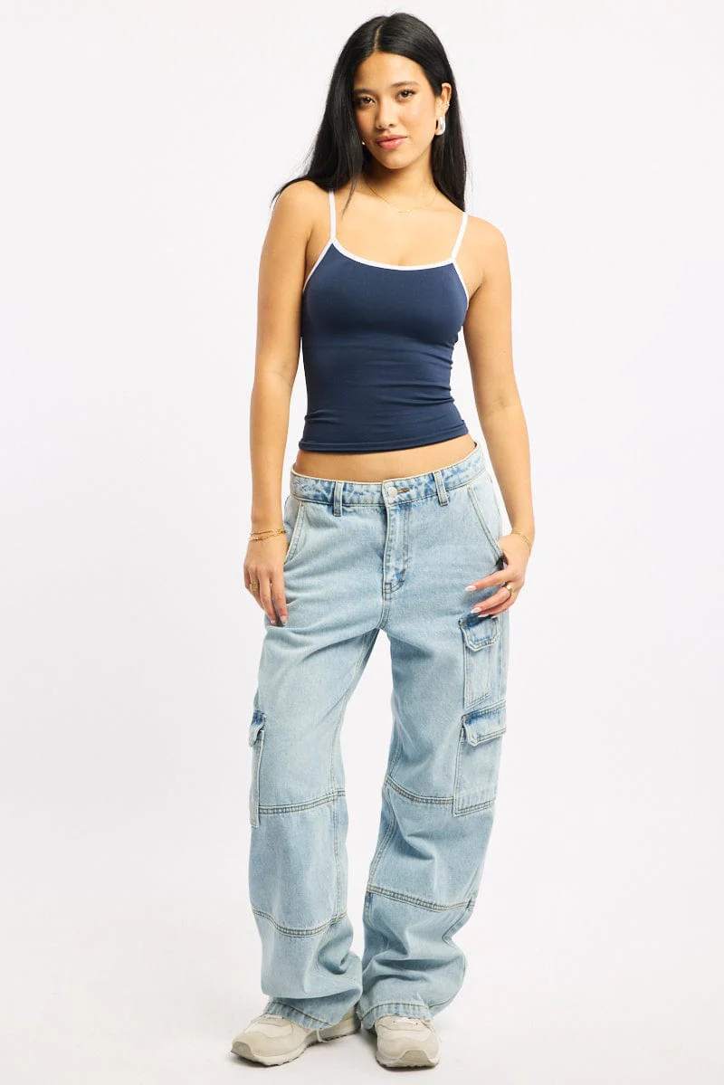 Blue Singlet Top Contrast Binding Seamless - Image 2