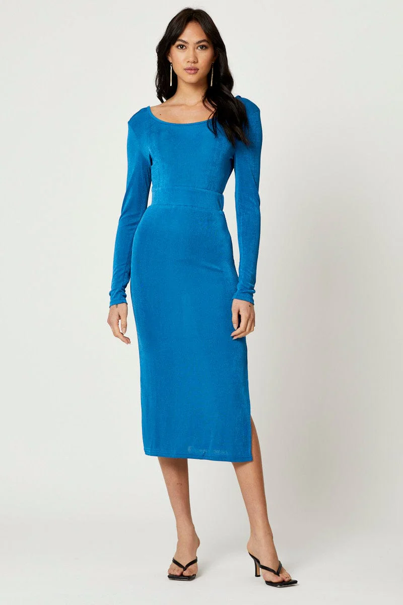 Blue Slinky Jersey Bodycon Dress - Image 3