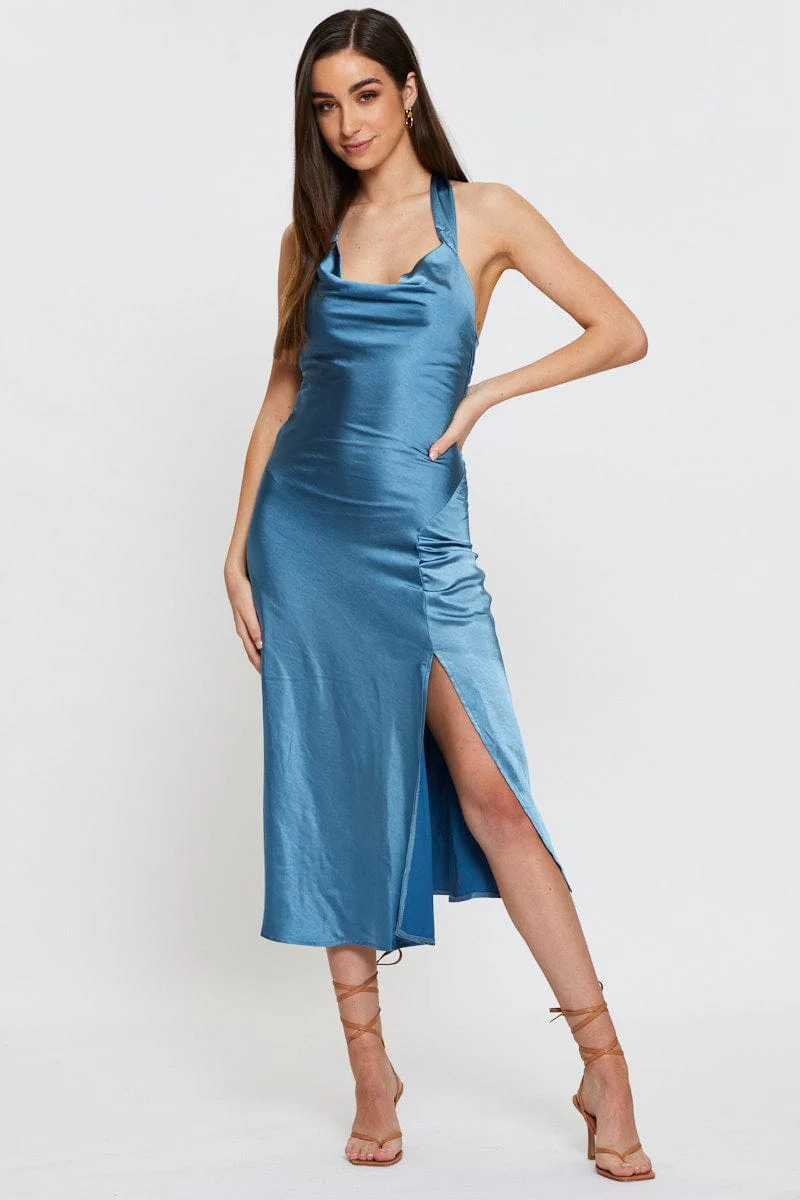 Blue Slip Dress Midi Satin - Image 3