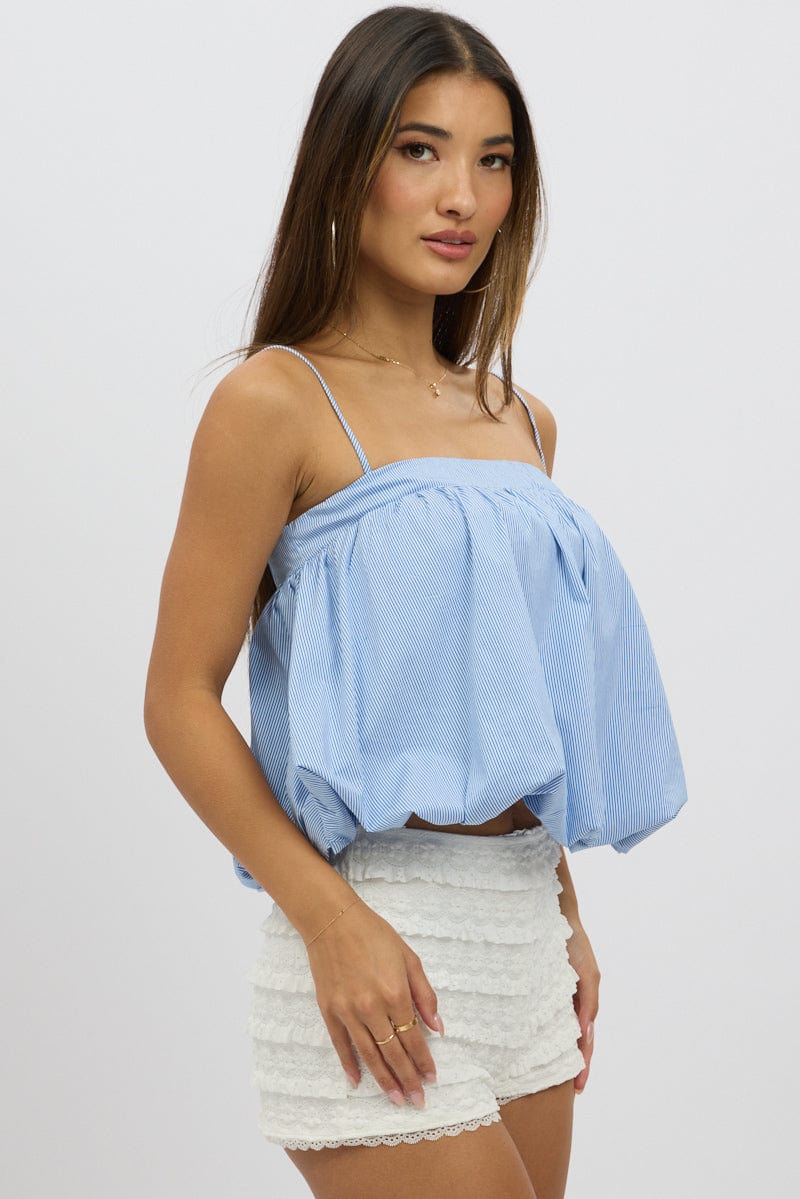 Blue Stripe Bubble Cami Sleeveless Baydoll Balloon Volume - Image 4