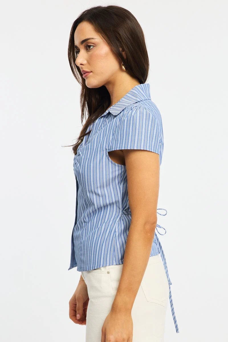 Blue Stripe Button Up Shirt Short Sleeve Collared Tie Back - Image 3