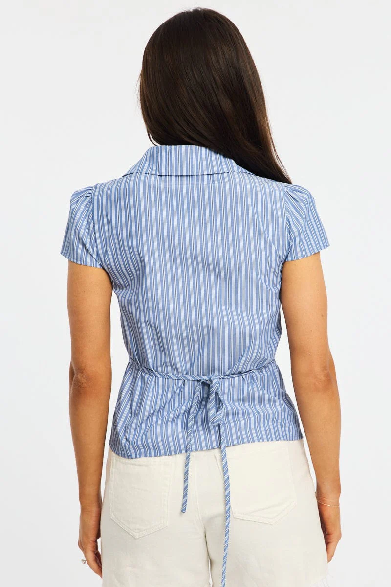 Blue Stripe Button Up Shirt Short Sleeve Collared Tie Back - Image 4