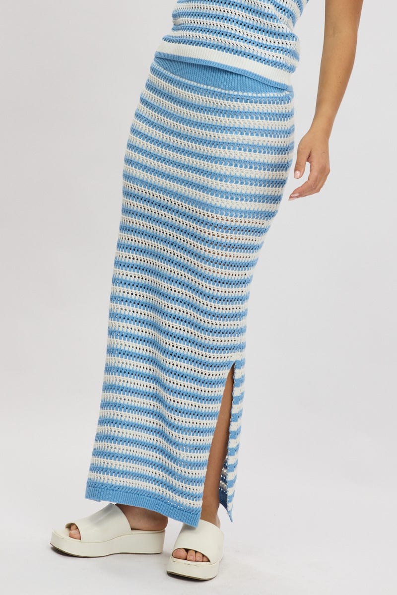 Blue Stripe Crochet Knit Skirt Elastic Waist Midi Lined - Image 3