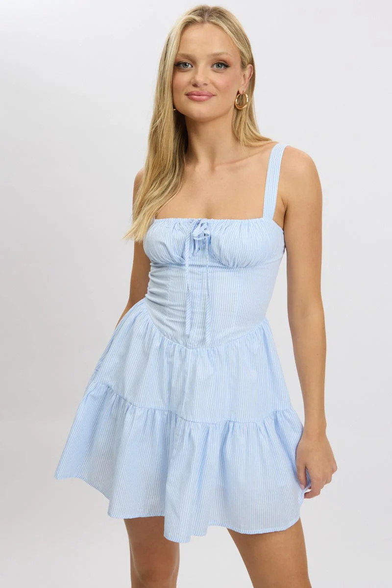 Blue Stripe Fit And Flare Dress Mini Gathered Bust - Image 3