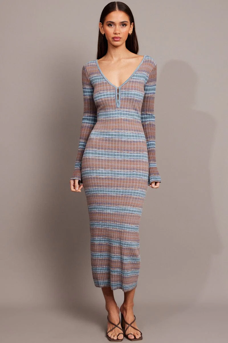Blue Stripe Knit Dress Long Sleeve - Image 2