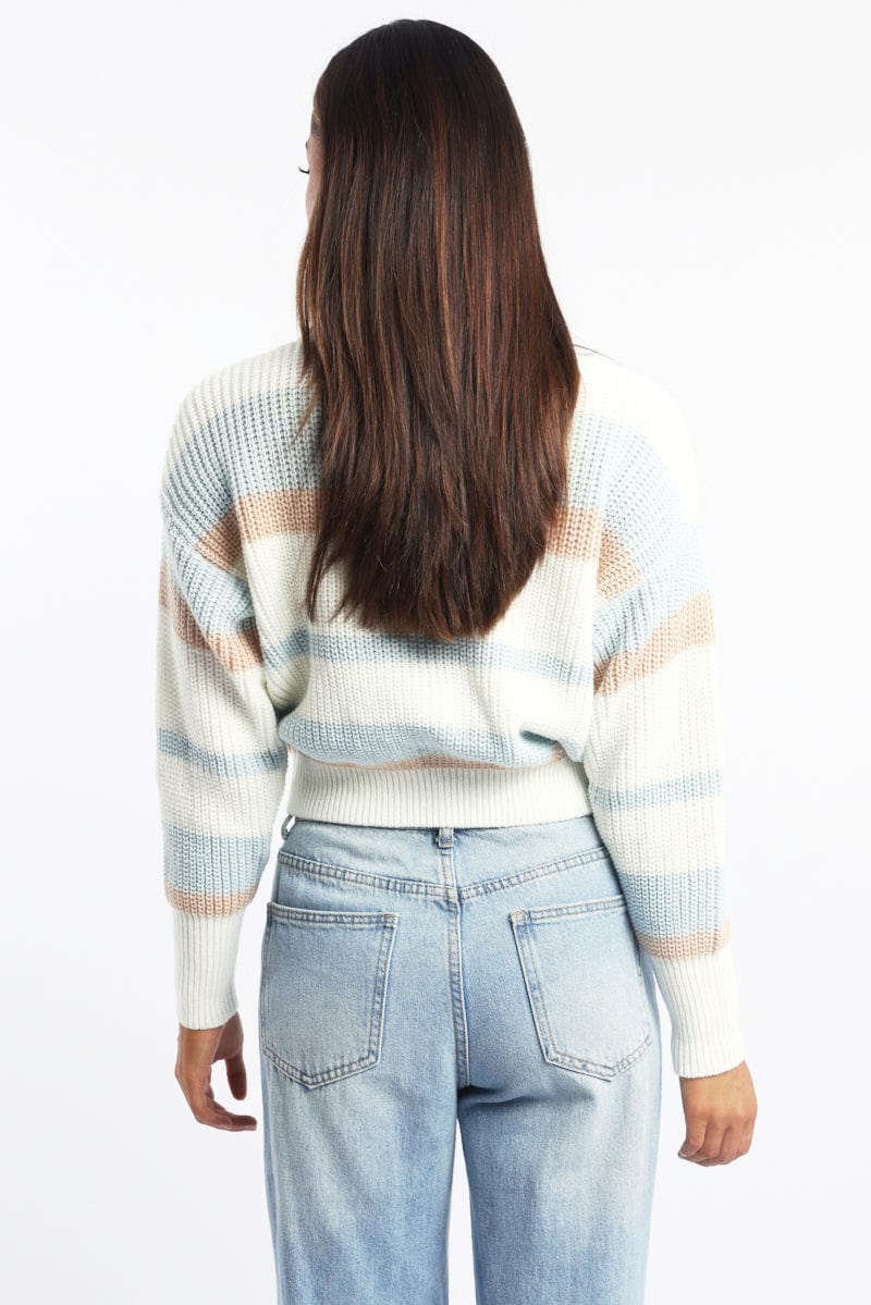 Blue Stripe Knit Top Long Sleeve Color Block - Image 4