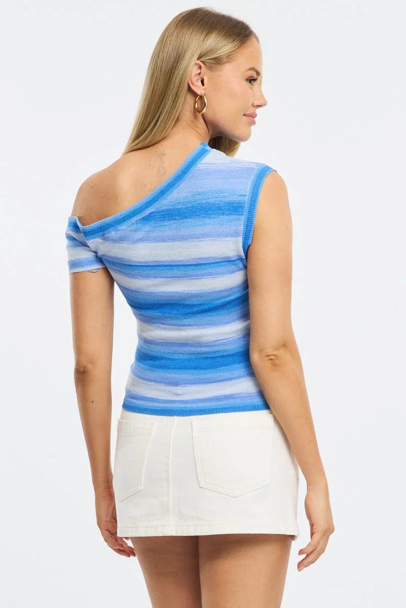 Blue Stripe Knit Top Off Shoulder - Image 4