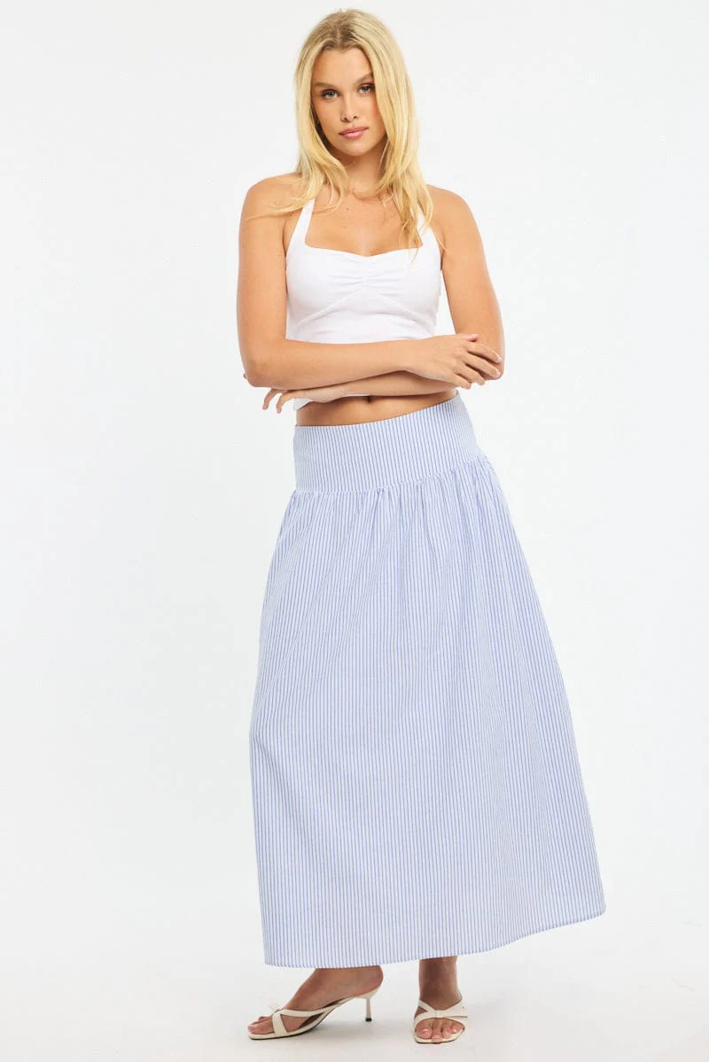 Blue Stripe Maxi Skirt Drop Waist Shirred Back - Image 3