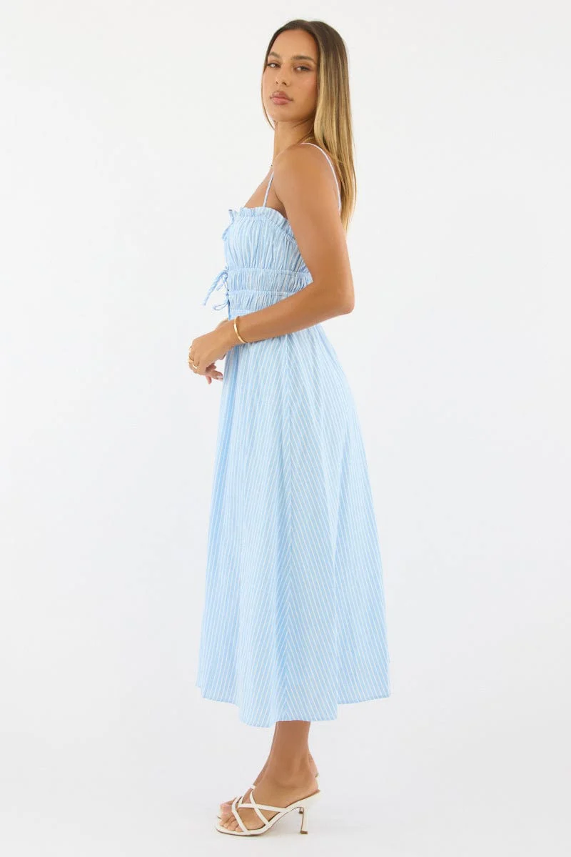 Blue Stripe Midi Dress Ribbon Detail Strappy - Image 3