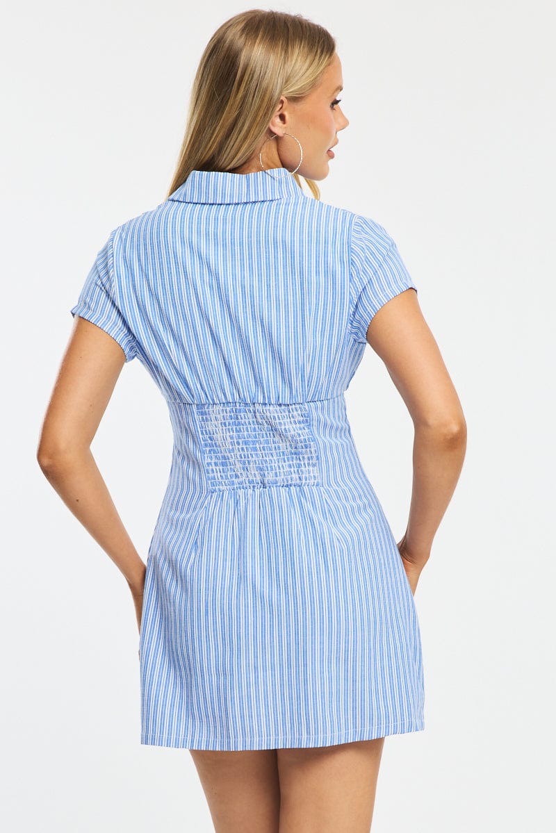 Blue Stripe Mini Dress Collared - Image 4