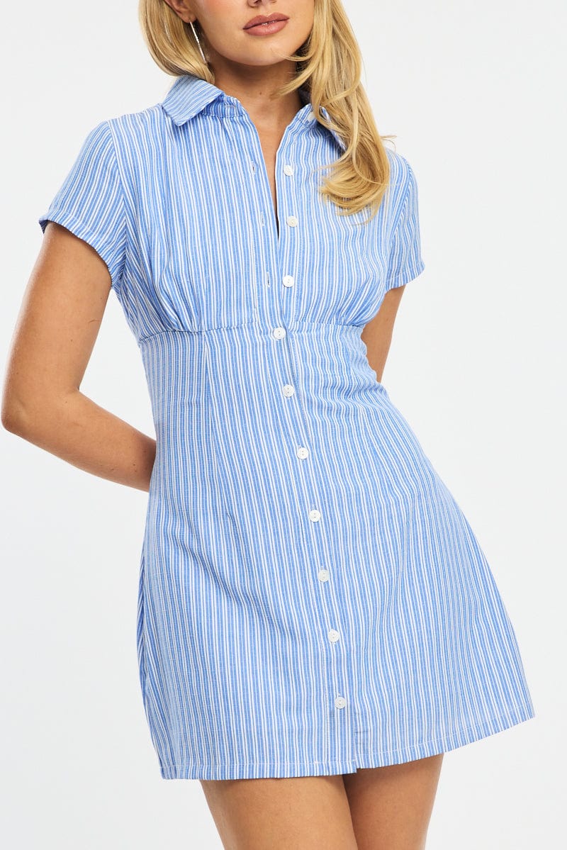 Blue Stripe Mini Dress Collared - Image 5