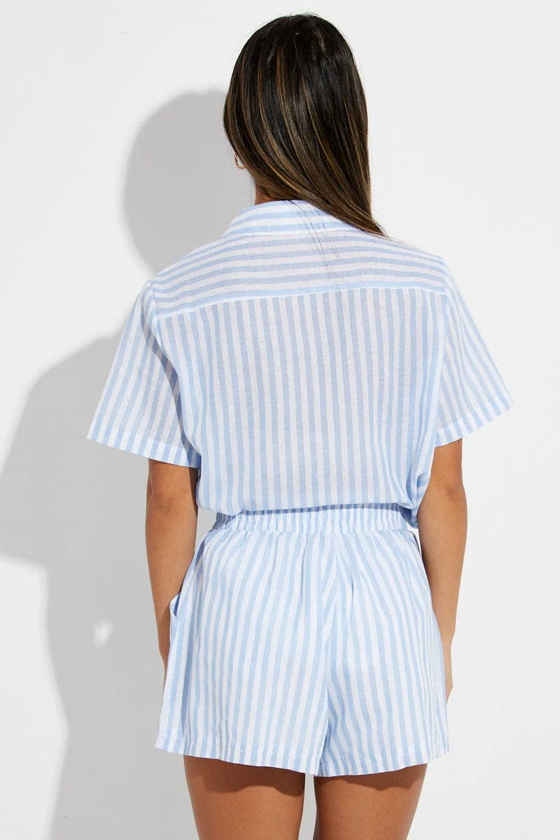 Blue Stripe Mini Shorts High Rise Cotton Blend - Image 5
