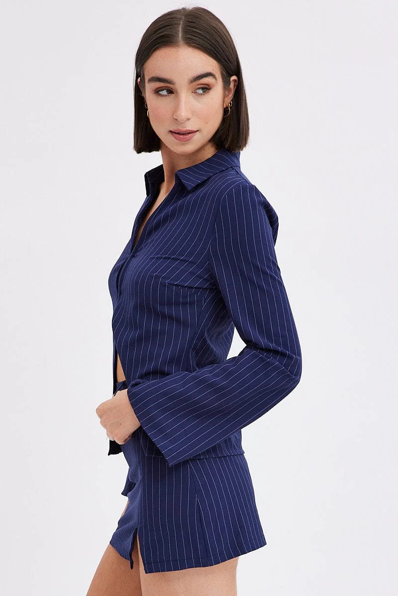 Blue Stripe Mini Skirt High Rise Pencil Side Slit - Image 4
