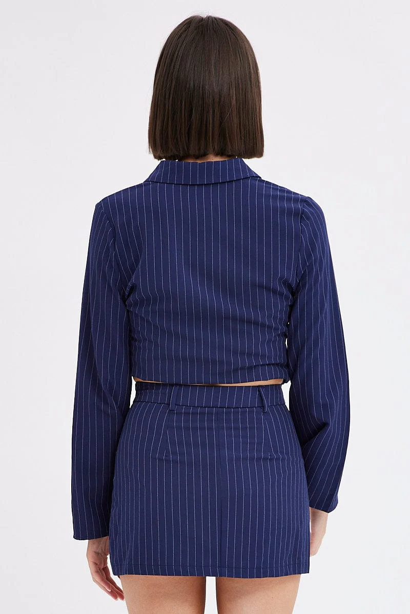 Blue Stripe Mini Skirt High Rise Pencil Side Slit - Image 5