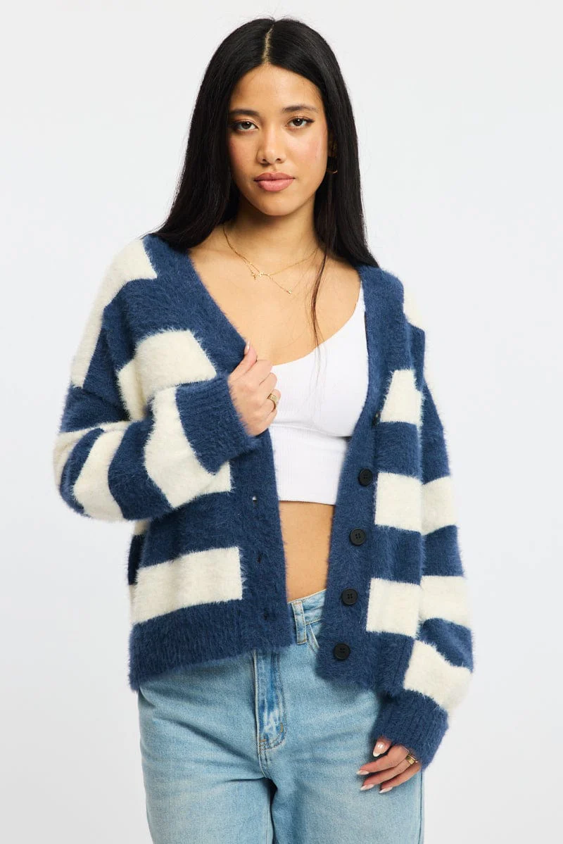 Blue Stripe Oversized Cardigan V-neck