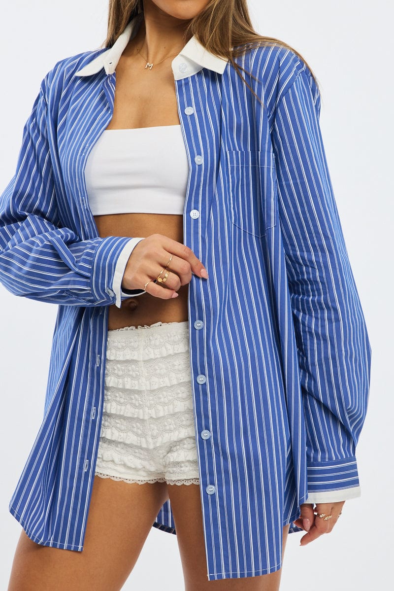 Blue Stripe Oversized Shirt Long Sleeve Collared Button Up - Image 4
