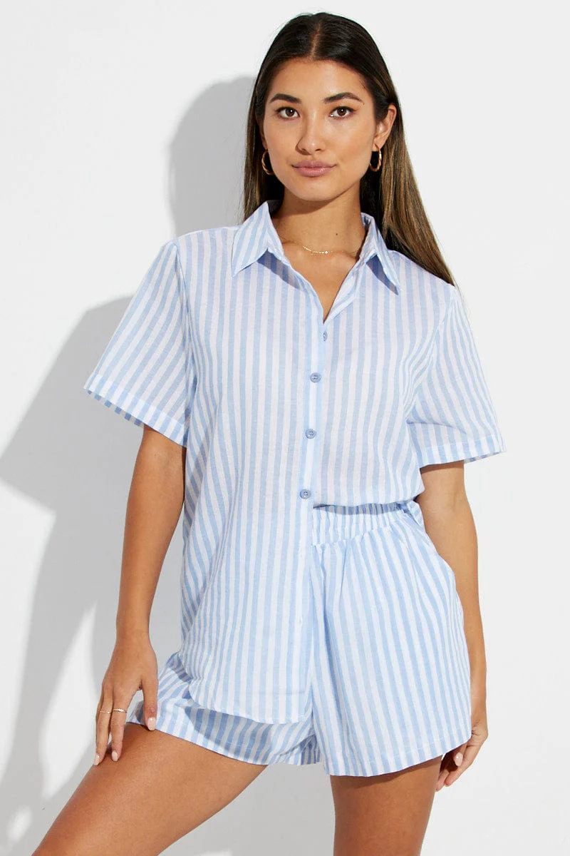 Blue Stripe Oversized Shirt Short Sleeve Collared Button Up - Image 3