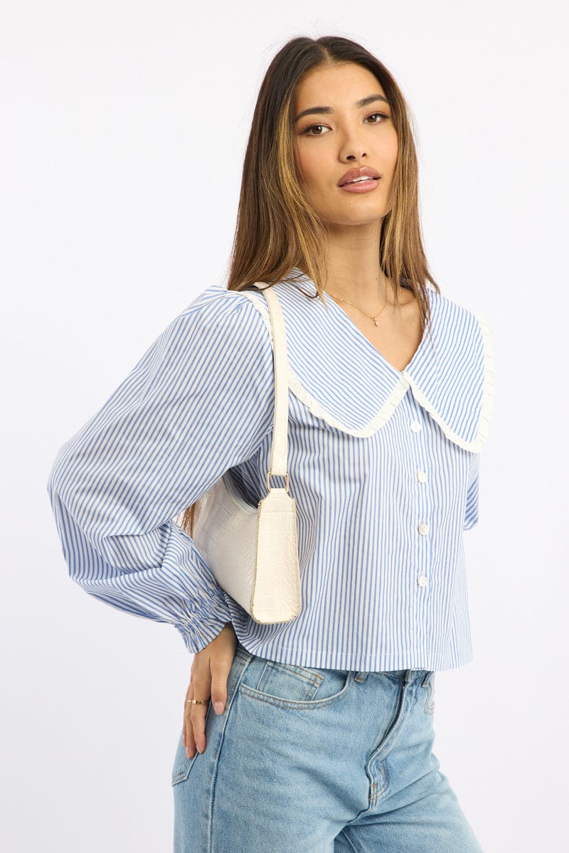 Blue Stripe Peter Pan Shirt Long Sleeve Button Up