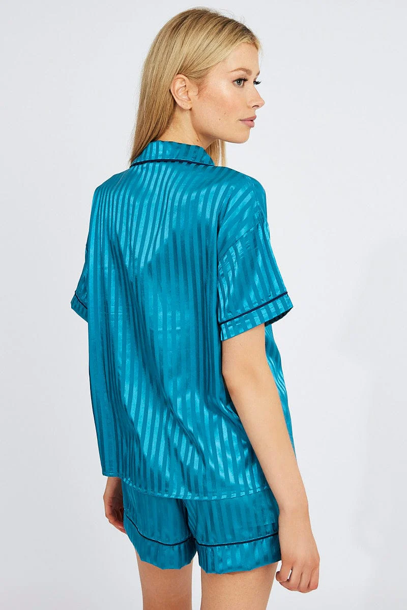 Blue Stripe Pyjama Set Stripe Satin Jacquard Navy Piping PJ - Image 5