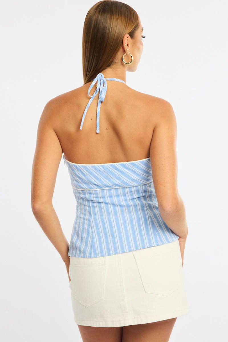 Blue Stripe Ring Halter Top Sleeveless - Image 4