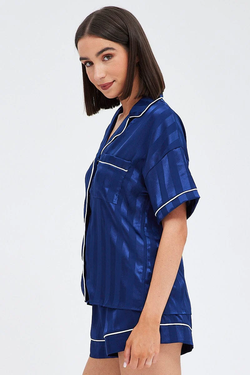 Blue Stripe Satin Pj Jacquard Stripe Piping Pyjama Set - Image 4