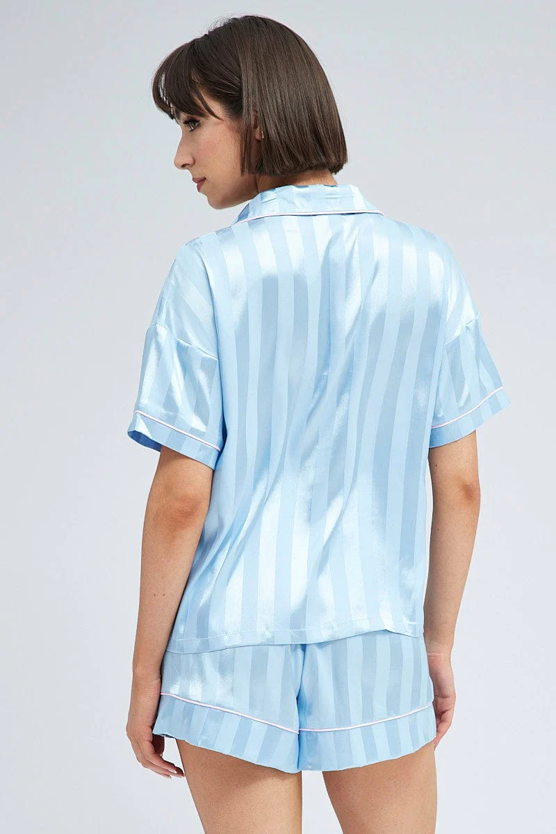 Blue Stripe Satin Pj Jacquard Stripe Piping Pyjama Set - Image 5