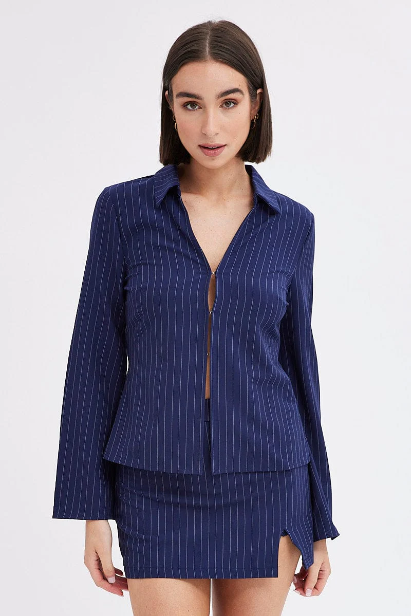 Blue Stripe Shirt Long Sleeve Collared Hook & Eye