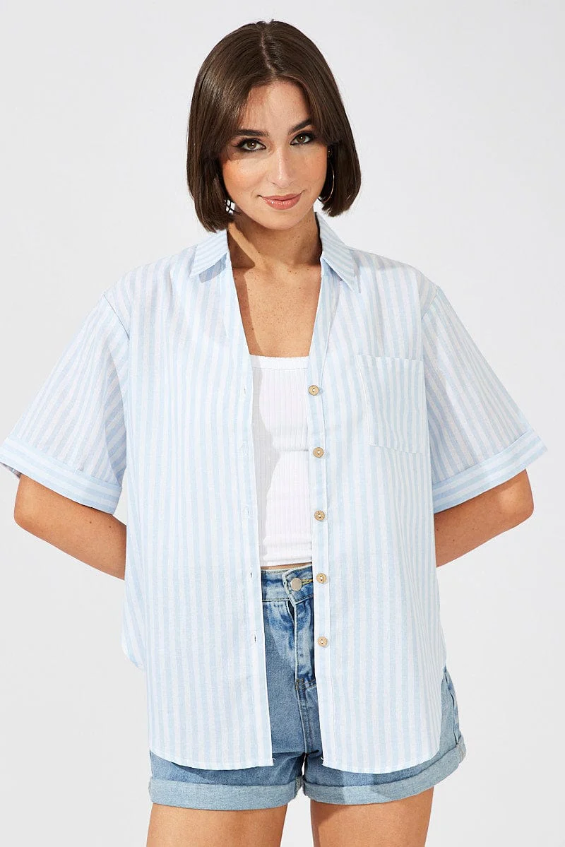 Blue Stripe Shirt Short Sleeve Collared Neck - Image 3