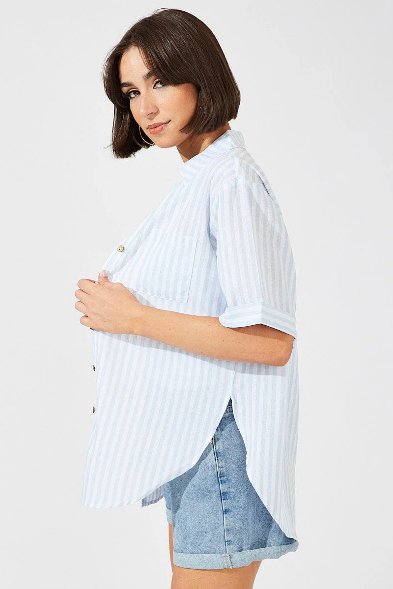 Blue Stripe Shirt Short Sleeve Collared Neck - Image 4