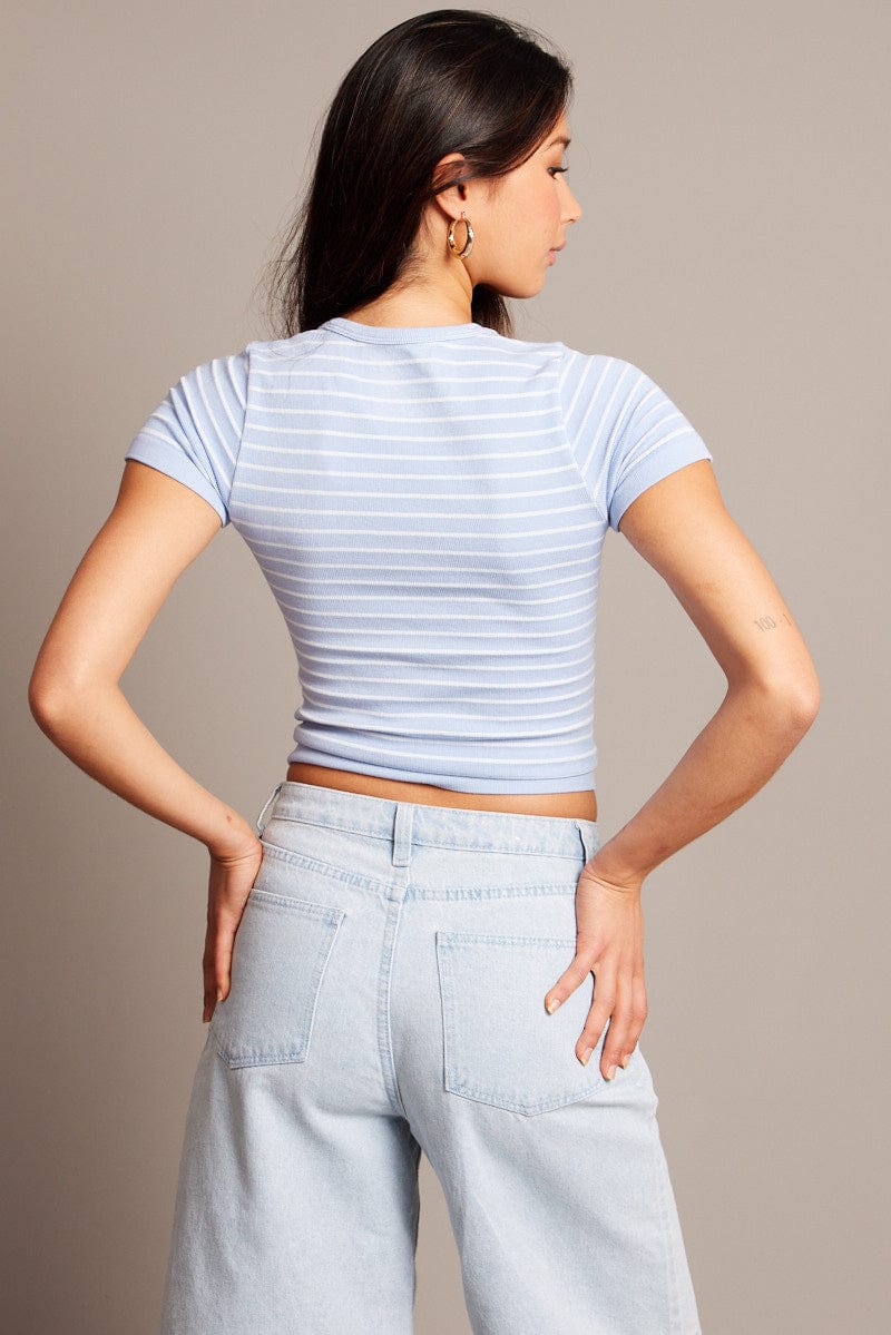 Blue Stripe T Shirt Short Sleeve Crew Neck Seamless - Image 5